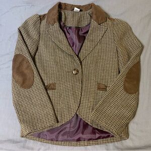 Girls Brown Houndstooth Blazer with Suede Trim